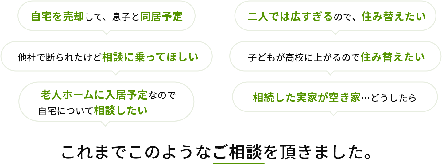 自宅を売却して、息子と同居予定、 他社で断られたけど相談に乗ってほしい、 老人ホームに入居予定なので自宅について相談したい、 二人では広すぎるので、住み替えたい、相続した実家が空き家…どうしたら